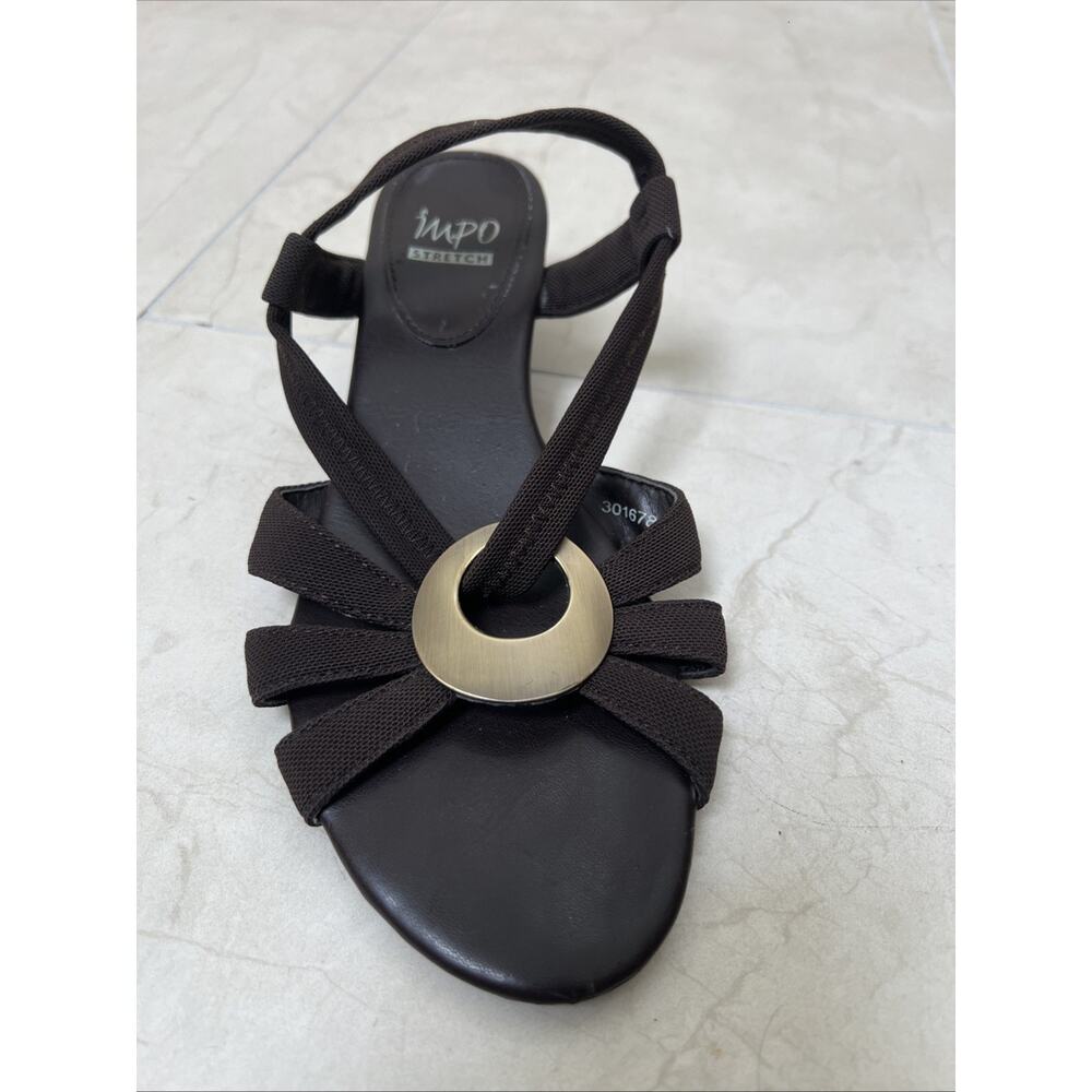 Impo Sandals Sz 7.5 Brown Ruza Strappy Stretch Stitching Wedge Slip On Open Toe